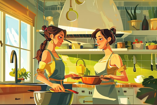 a cartoon illustration of two women cooking in a kitchen