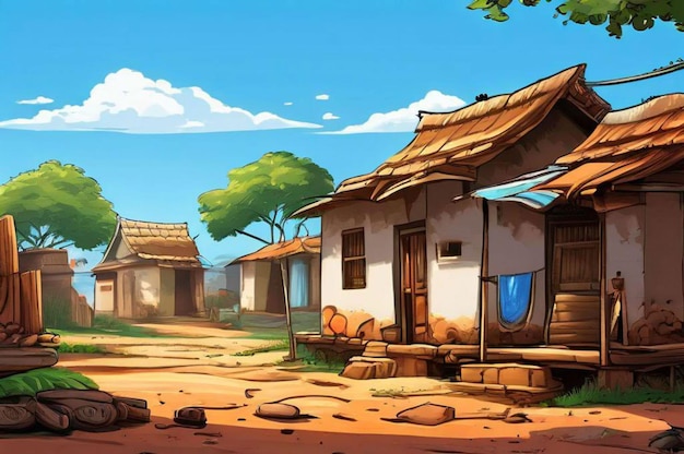 a cartoon illustration of a village with a house and trees