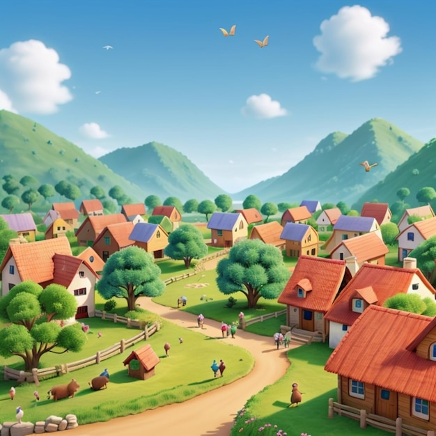 a cartoon illustration of a village with a village in the background