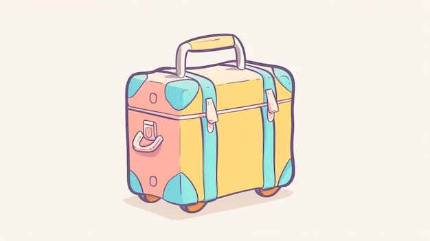 A cartoon illustration of a vintage suitcase with wheels