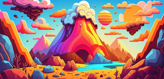 A cartoon illustration of a volcano with a blue sky and clouds.