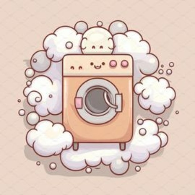 a cartoon illustration of a washer with clouds and bubbles