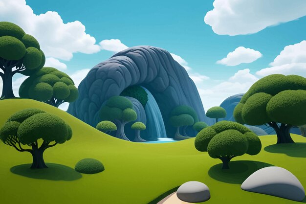 a cartoon illustration of a waterfall with a waterfall in the background