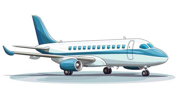 A cartoon illustration of a white and blue passenger airplane