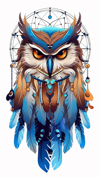 cartoon illustration Wild tribal owl collection on white background