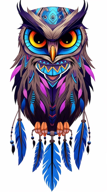 cartoon illustration Wild tribal owl collection on white background