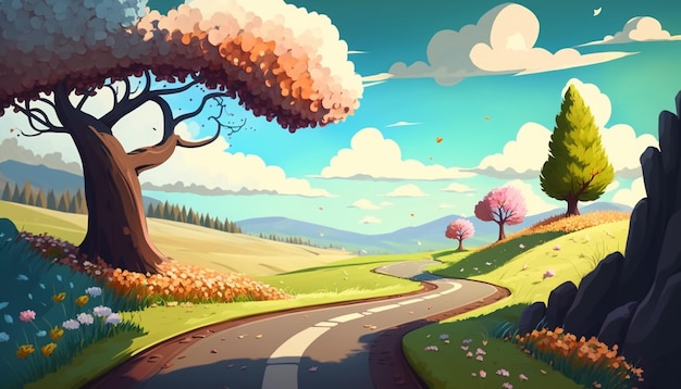 Cartoon illustration of a winding road in a beautiful countryside generative ai