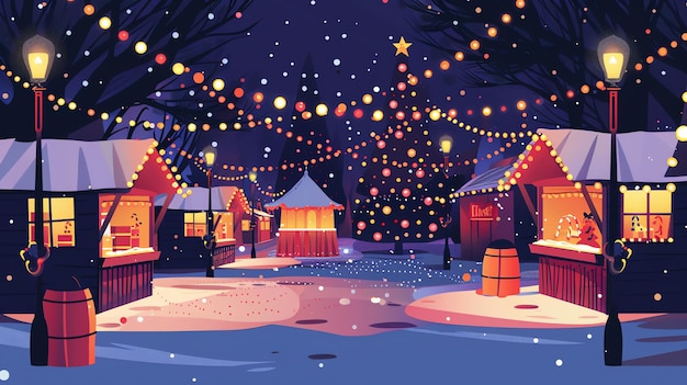 Photo a cartoon illustration of a winter christmas market at night