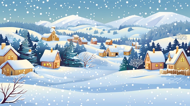 A cartoon illustration of a winter scene with a village in a snowy valley surrounded by snowcovered mountains