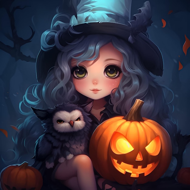 A cartoon illustration of a witch and a cat with a pumpkin on it