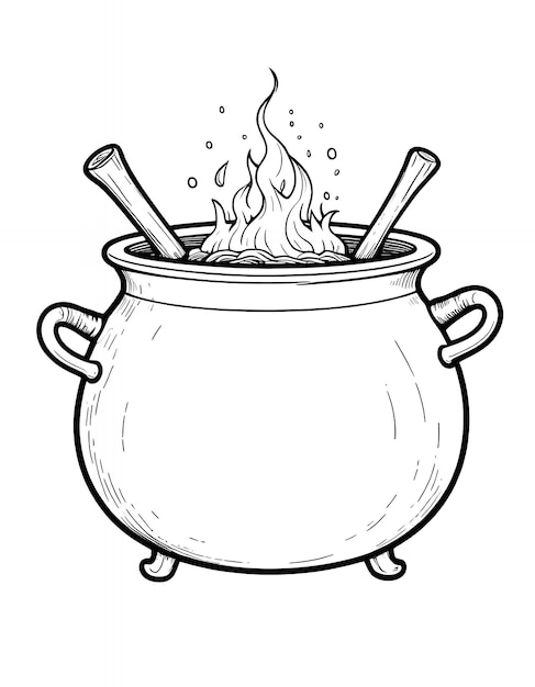 Photo a cartoon illustration of a witchs pot filled with glowing orange flames and sticks