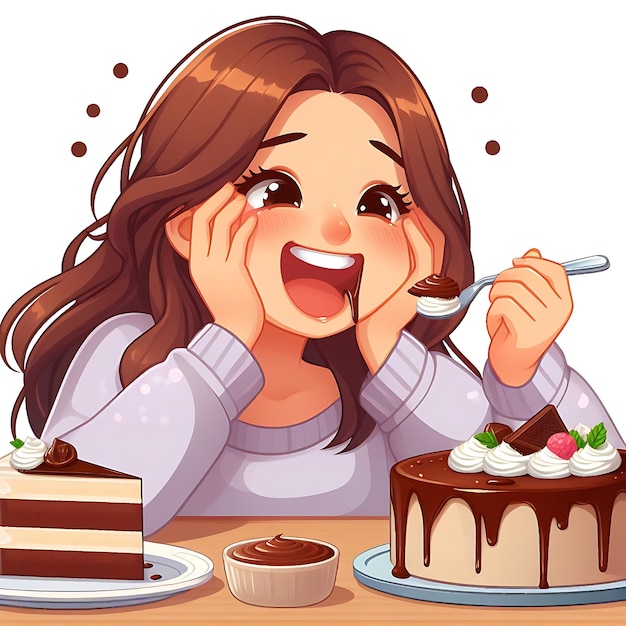 a cartoon illustration of a woman eating a plate of cake and a cake with a spoon