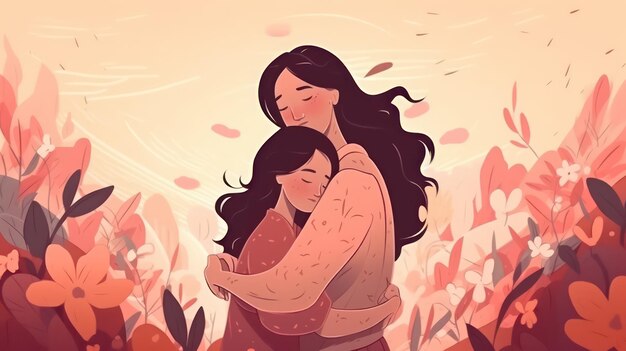 A cartoon illustration of a woman hugging her friend.