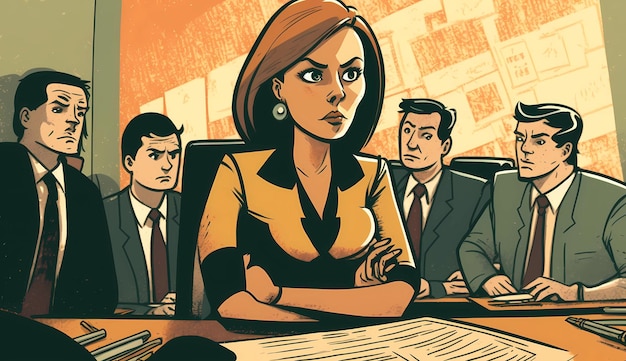 Cartoon illustration of woman showing leadership in front of corporate team generative ai