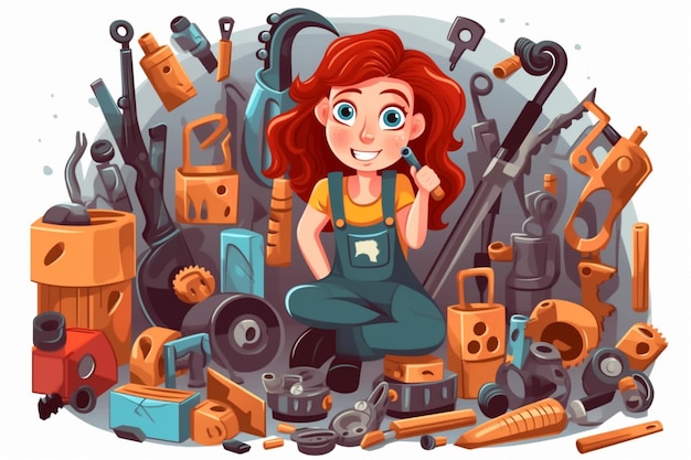 a cartoon illustration of a woman sitting on a pile of tools generative ai