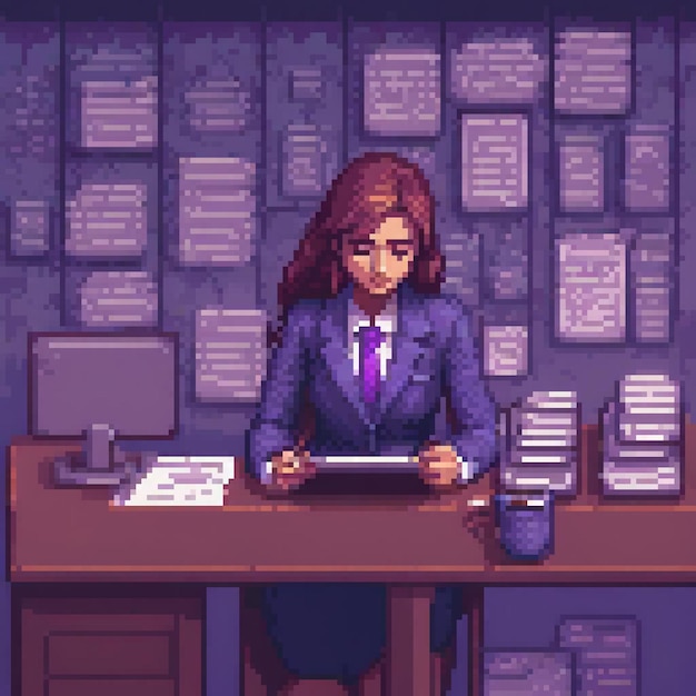 Photo a cartoon illustration of a woman in a suit sitting at a desk with a folder that says  the word  on it