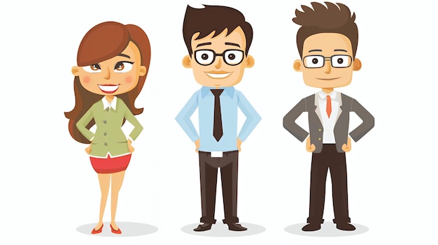 Cartoon illustration of a woman and two men in business attire standing with their hands on their hips