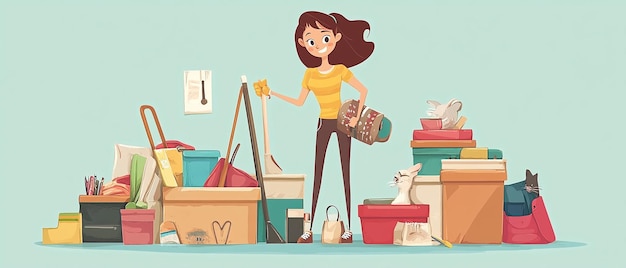 Photo a cartoon illustration of a woman with a box of things and a picture of a woman with a suitcase