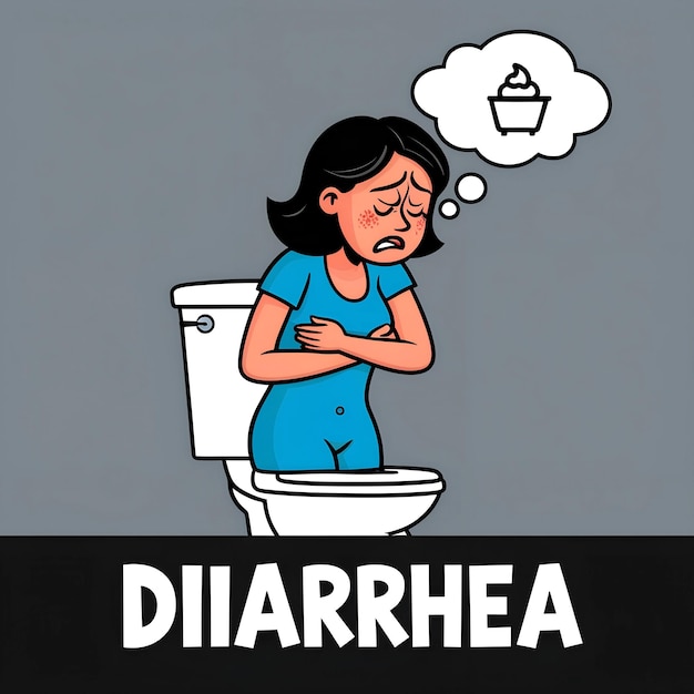 Cartoon Illustration of a Woman with Stomach Pain and Diarrhea Symptoms and Health Awareness