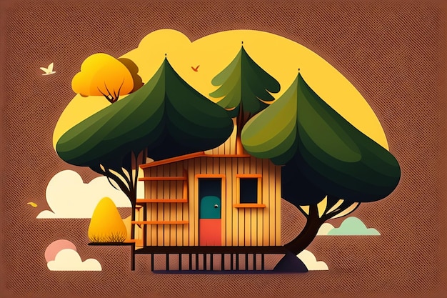 A cartoon illustration of a wooden house with a tree on the top.