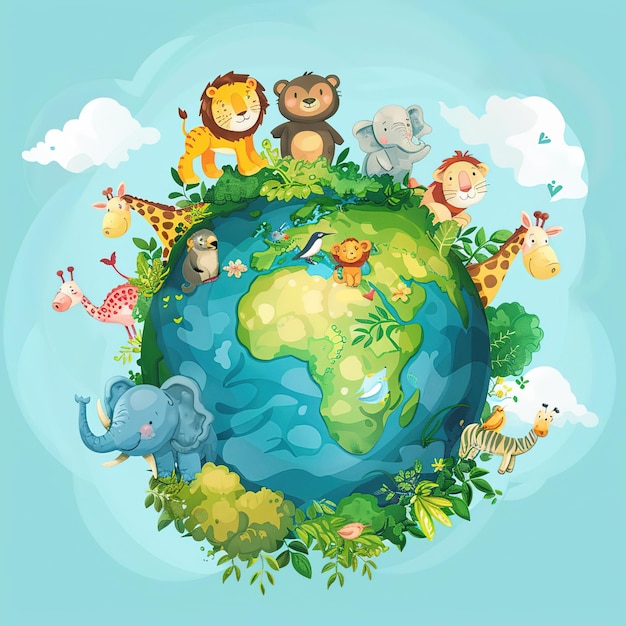 a cartoon illustration of a world with monkeys and animals around it