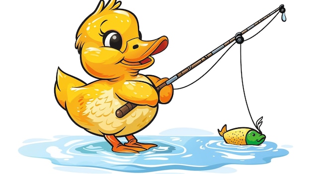 a cartoon illustration of a yellow duck with a fish in its mouth