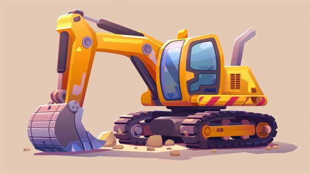 Photo a cartoon illustration of a yellow excavator with a pile of gravel and rocks