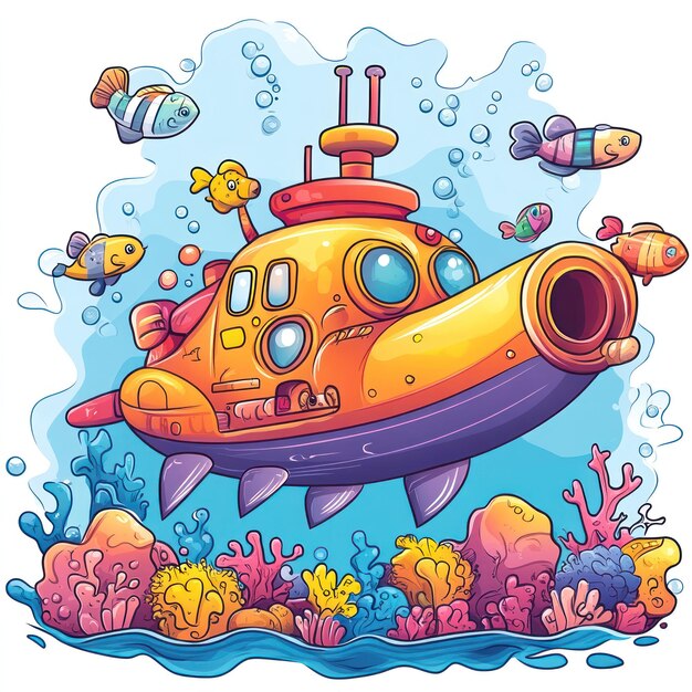 Photo cartoon illustration of a yellow submarine with fish and coral reef