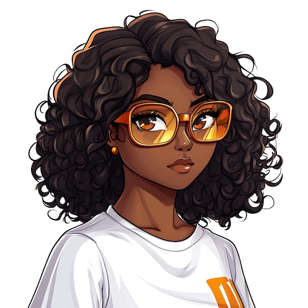 Cartoon Illustration of a Young Black Woman with Curly Hair and Orange Glasses