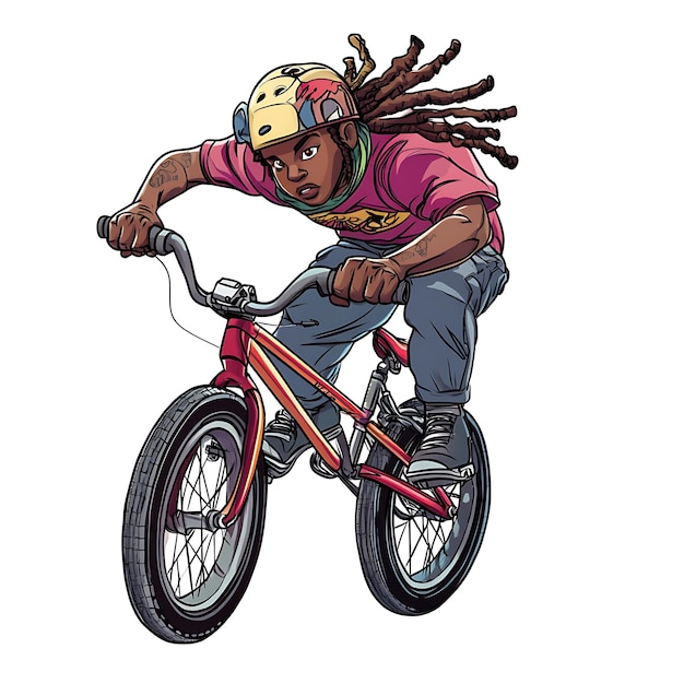 Photo cartoon illustration of a young man riding a bmx bike