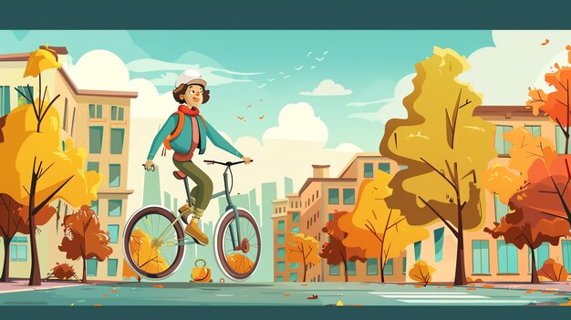 Photo cartoon illustration of a young person riding a bicycle down a city street in autumn