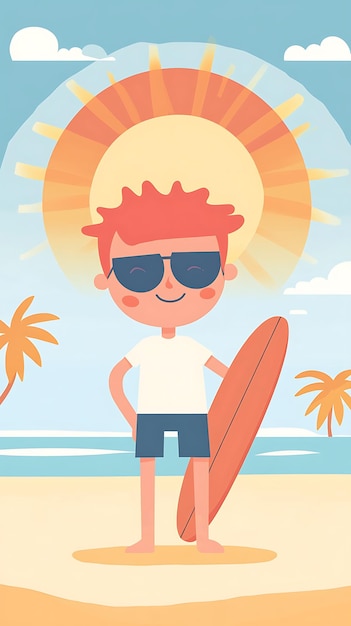 Cartoon illustration of a young surfer with a surfboard on the beach