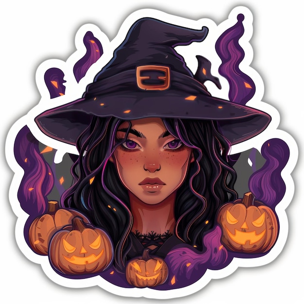 A cartoon illustration of a young woman dressed as a witch with a black pointed hat and purple eyes surrounded by jackolanterns and purple smoke