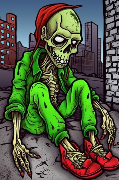 Cartoon illustration of a zombie sitting on the ground with his shoes generative ai