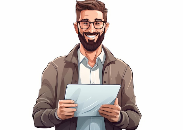 Cartoon Illustrator or designer man holding digital tablet