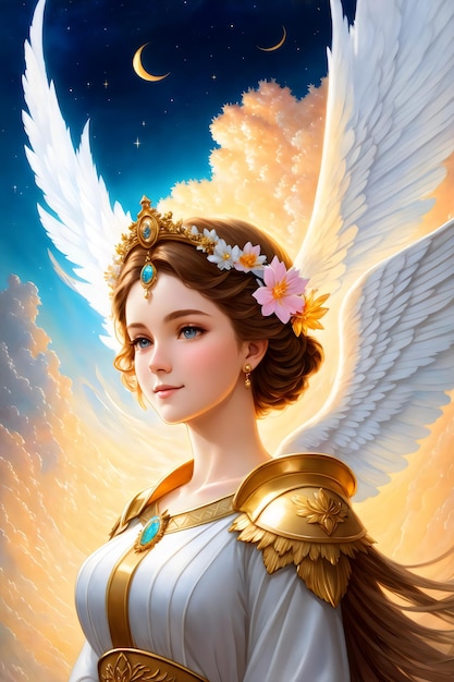 A cartoon image of an angel with gold wings and a gold crown.