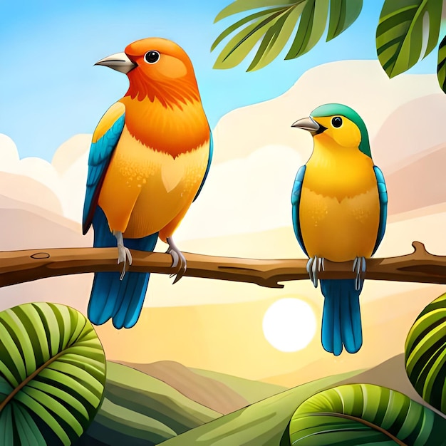 A cartoon image of a bird and a bird sitting on a branch.