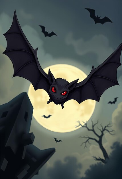 a cartoon image of a black bat with red eyes and the moon behind it