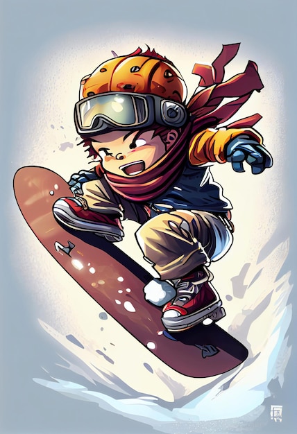 A cartoon image of a boy snowboarding in a snowboarder's hat.