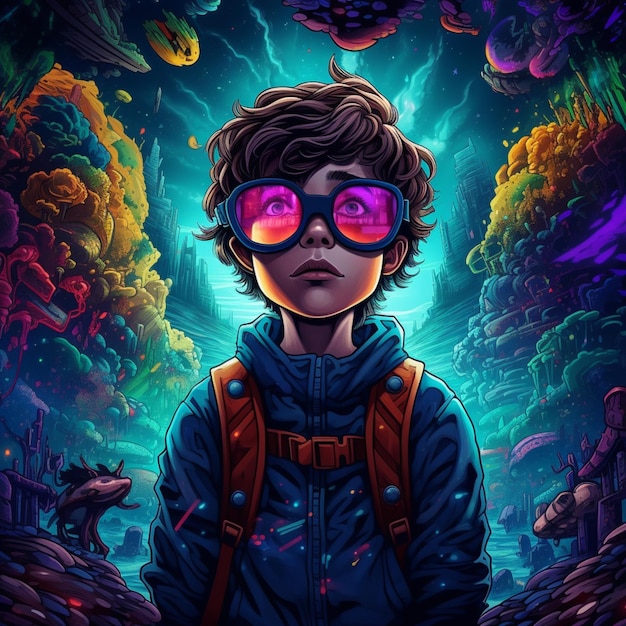 a cartoon image of a boy with goggles and a backpack generative ai