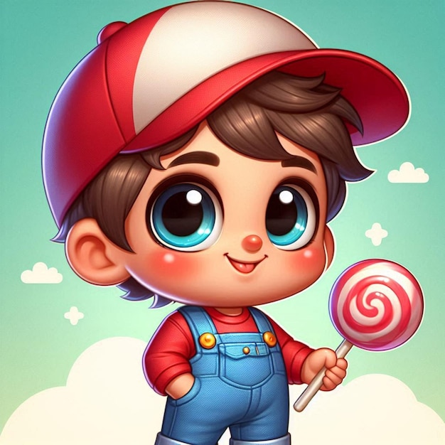 a cartoon image of a boy with a red cap and a red cap with a white and blue button on it