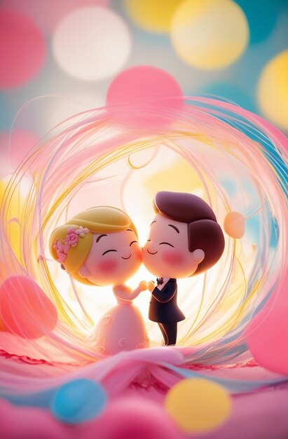 Photo a cartoon image of a bride and groom in a circle of pink and blue and green