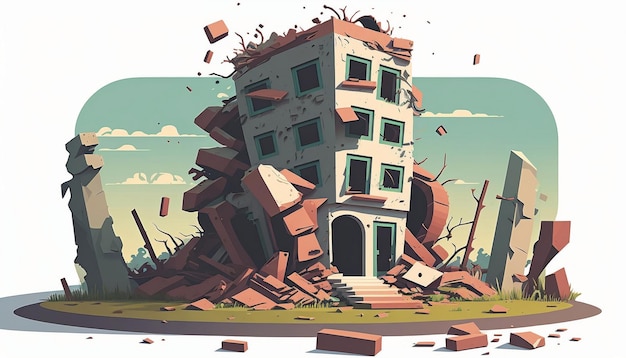 A cartoon image of a building that has been destroyed.