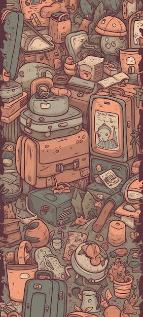 A cartoon image of a bunch of luggage in a room with a woman in a hat and a sign that says " the word " on it. "