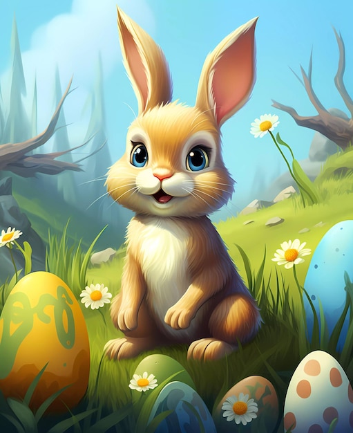 a cartoon image of a bunny with eggs in the background