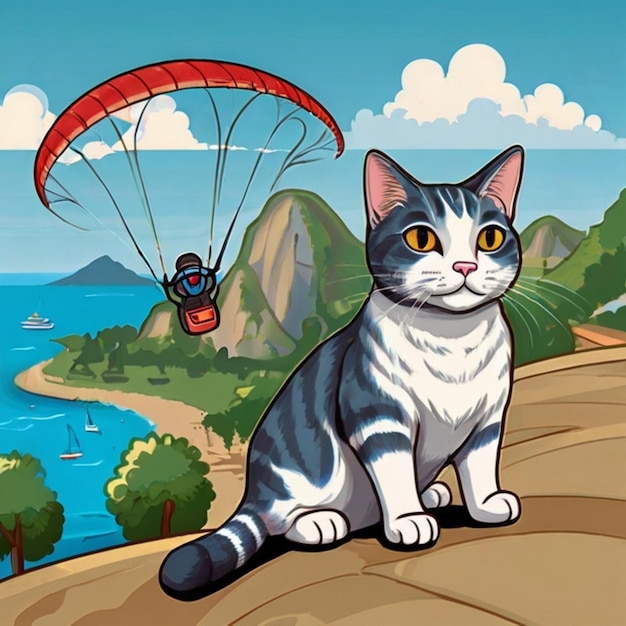 Photo a cartoon image of a cat and a parachute with a parachute in the background