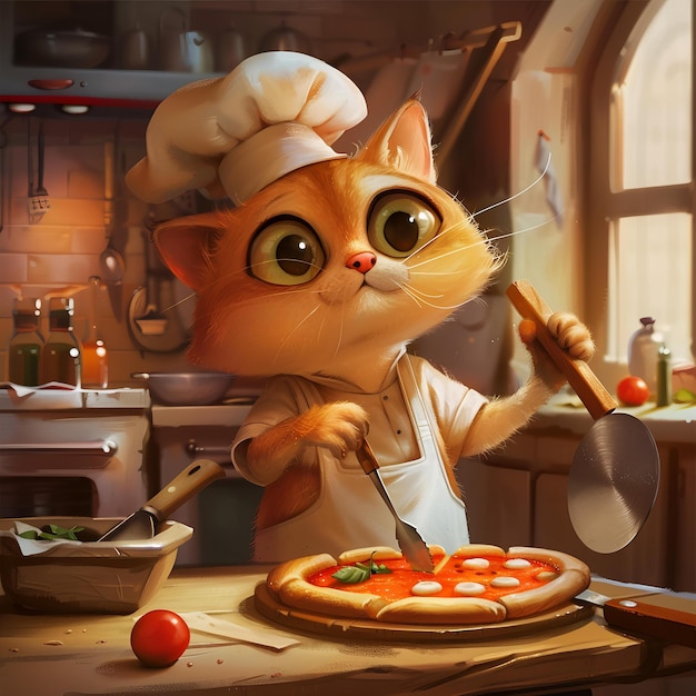 Photo a cartoon image of a cat with a pizza cutter