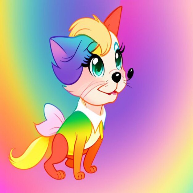 Photo a cartoon image of a cat with a rainbow colored tail and a rainbow colored background