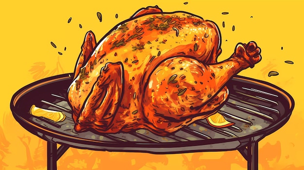 A cartoon image of a chicken on a tray with lemons and parmesan.