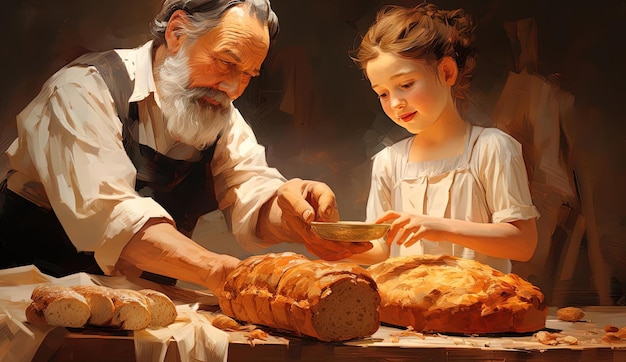 a cartoon image of a child making a loaf of bread with an older person around ed figures